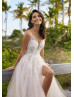 V Neck Beaded Ivory Lace Glitter Tulle Slit Wedding Dress
